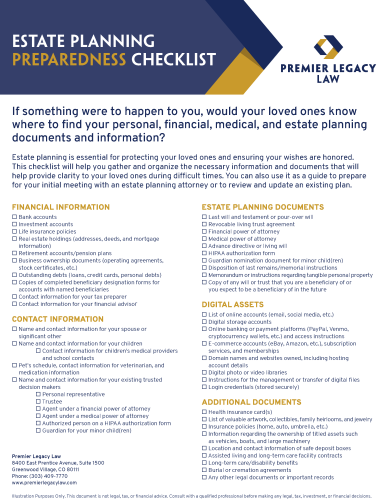 Premier Legacy Estate Planning Preparedness Checklist